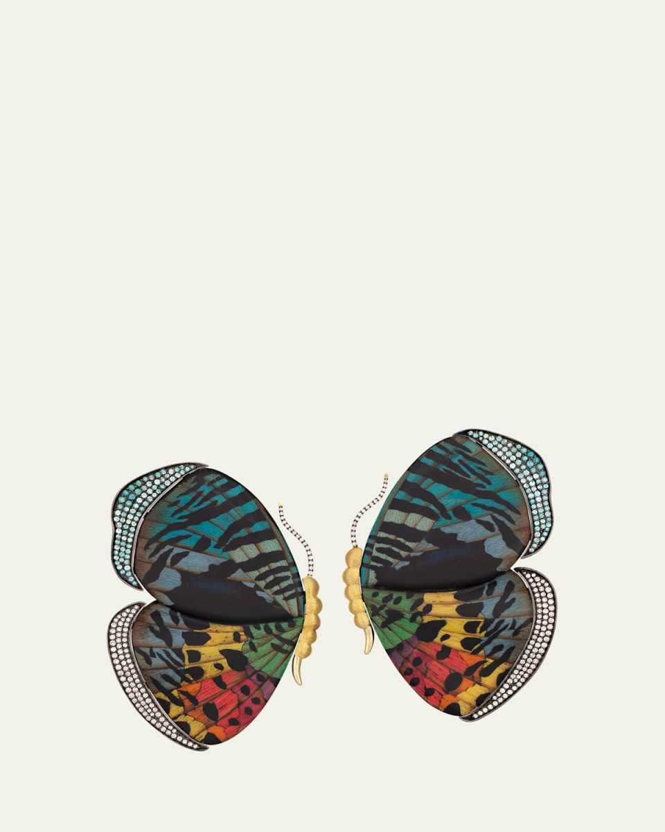 18K Yellow Gold Marquetry Butterfly Wing Earrings with Diamonds and Tourmaline